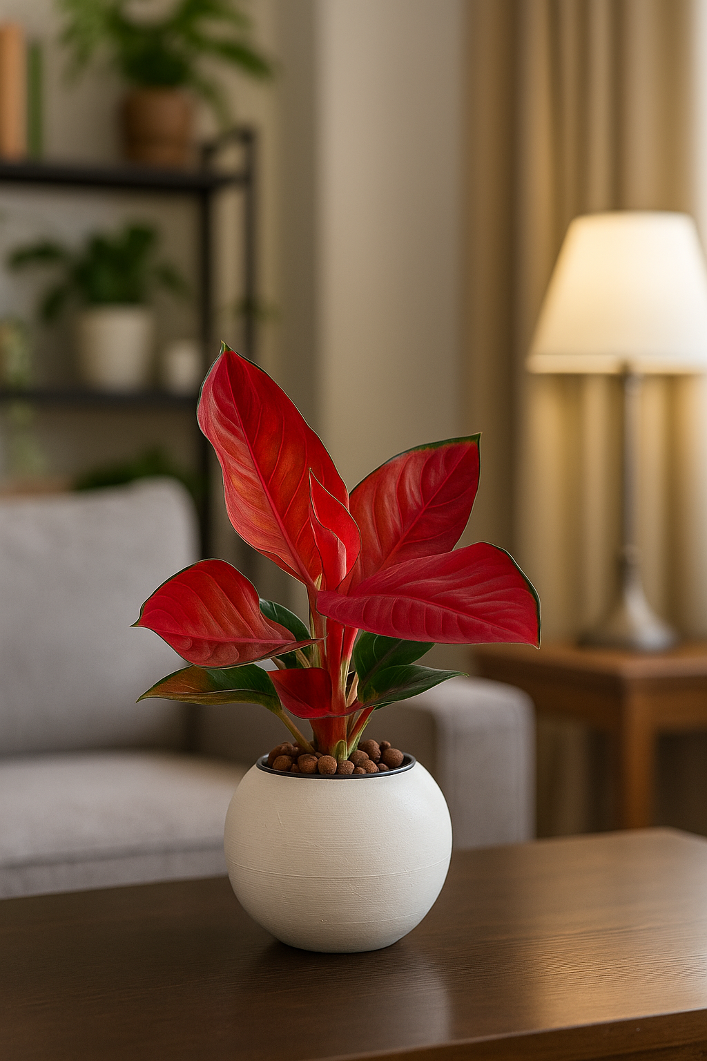 Aglaonema Red Valentine with vibrant red and green leaves in a white pot on a wooden table in a cozy living room