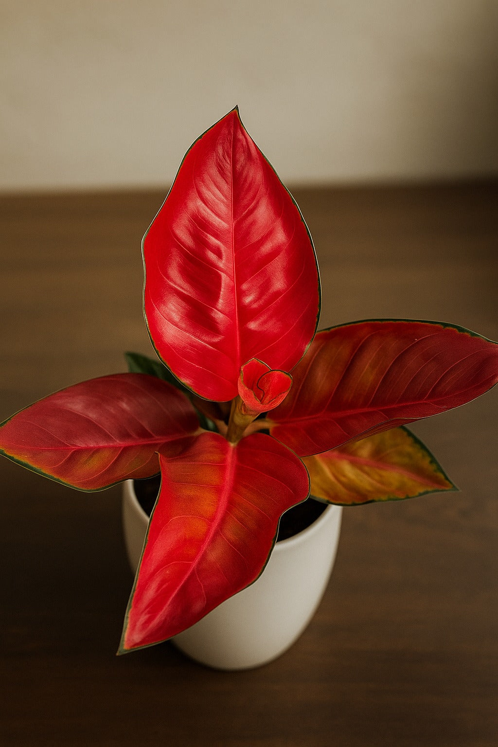 Aglaonema Red Valentine plant with vibrant red and green variegated leaves in a white pot on a brown surface