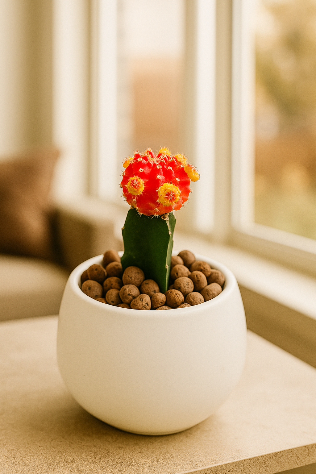 Bi-Colour Moon Cactus with a bright red top and green base planted in a white pot on a table by a window.