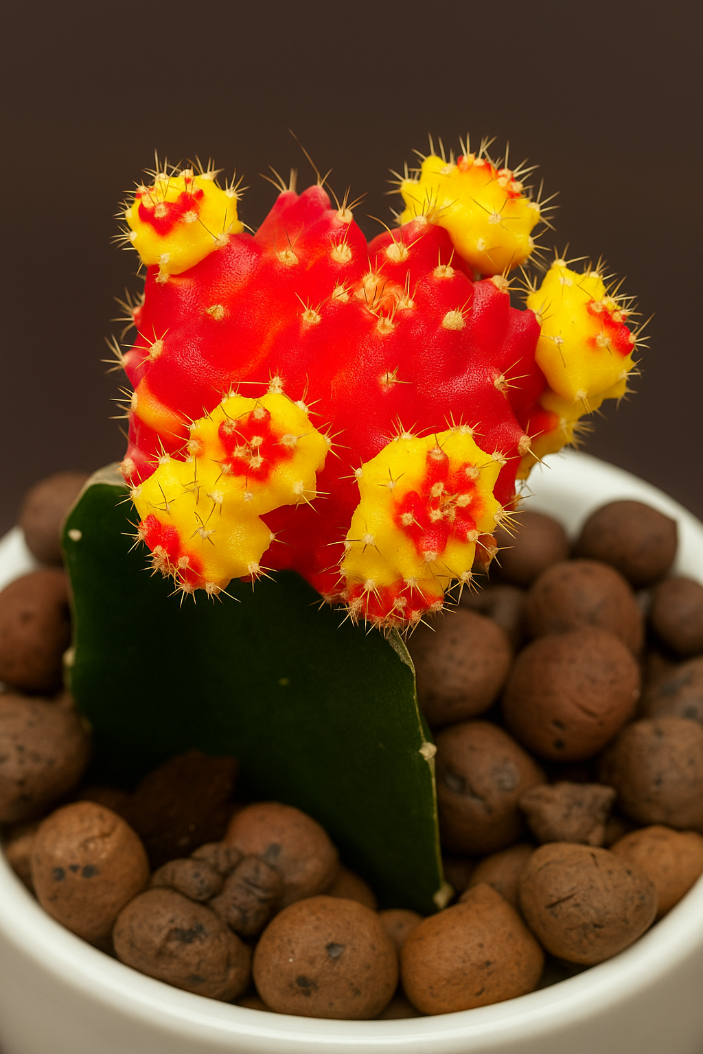 Bi-Colour Moon Cactus with vibrant red and yellow top grafted on green base in white pot with brown stones.