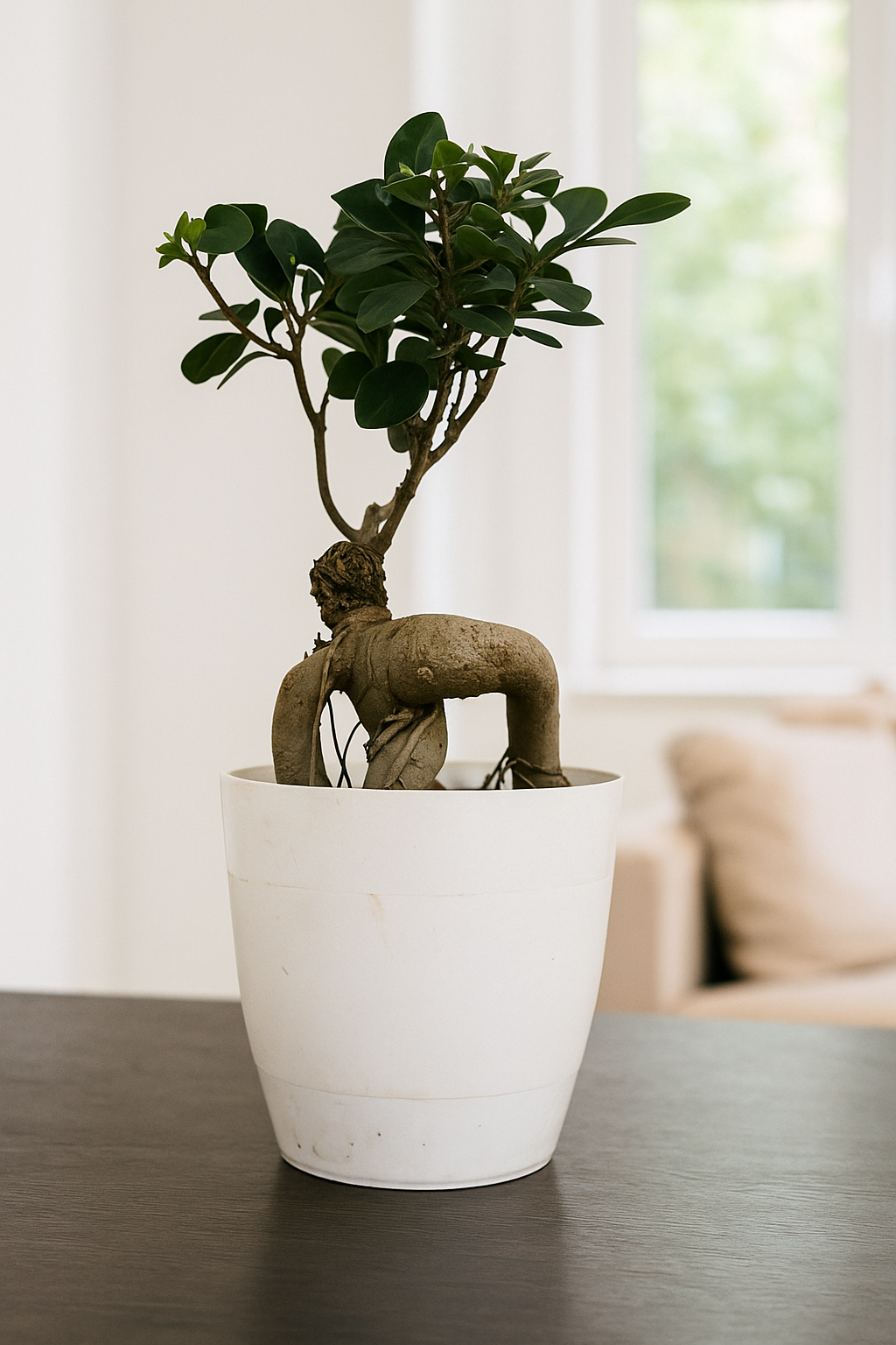 Bonsai Ficus with twisted trunk and glossy green leaves in white pot on table in bright modern room.