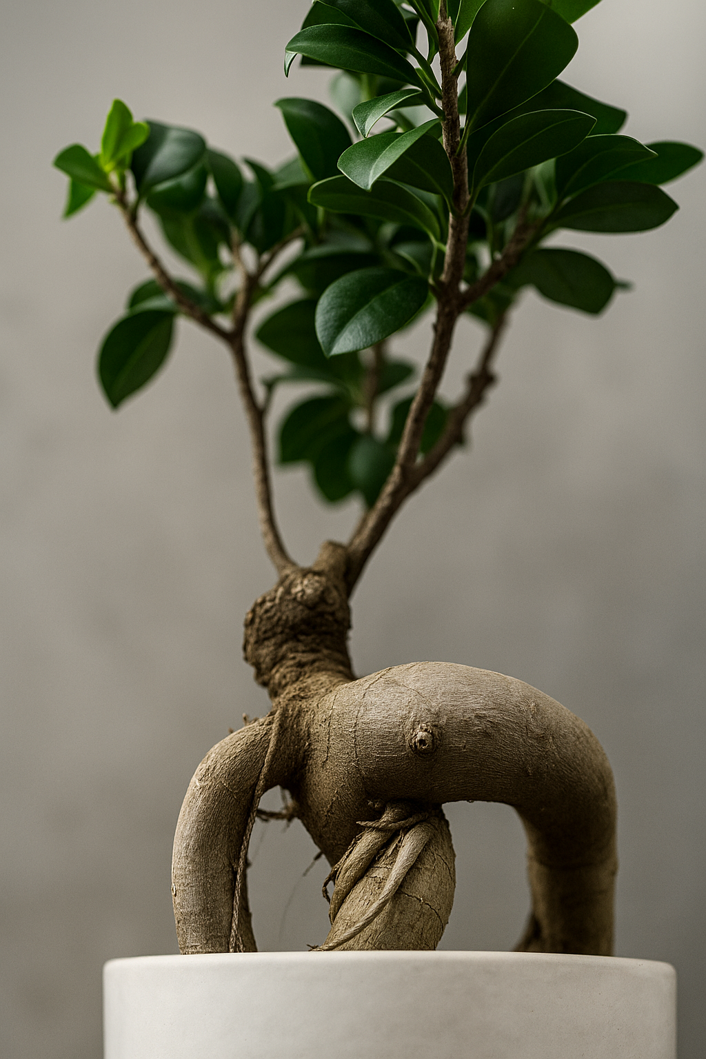 Bonsai Ficus with twisted trunk and glossy green leaves in a white ceramic pot against neutral background.