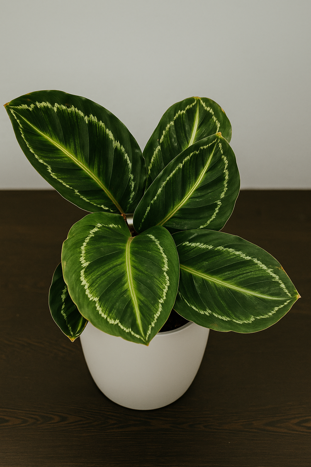Calathea Medallion plant with large green leaves featuring silver medallion patterns in a white pot on a wooden surface