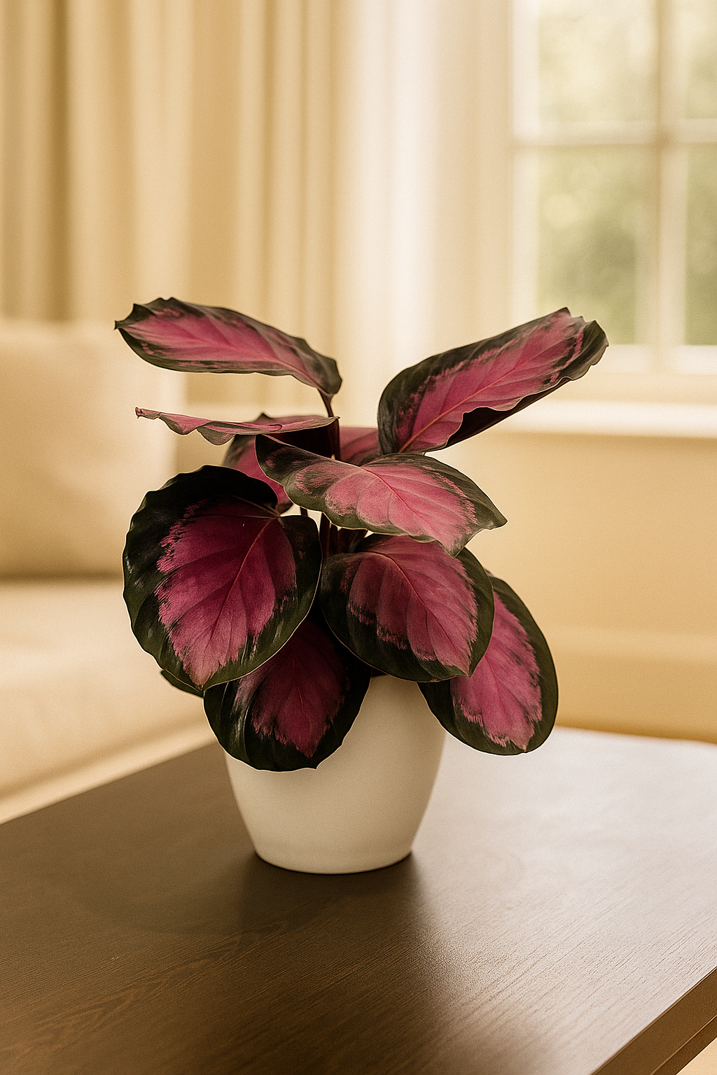 Calathea Roseopicta Dottie with deep purple-maroon leaves and vibrant pink veins in a white pot indoors