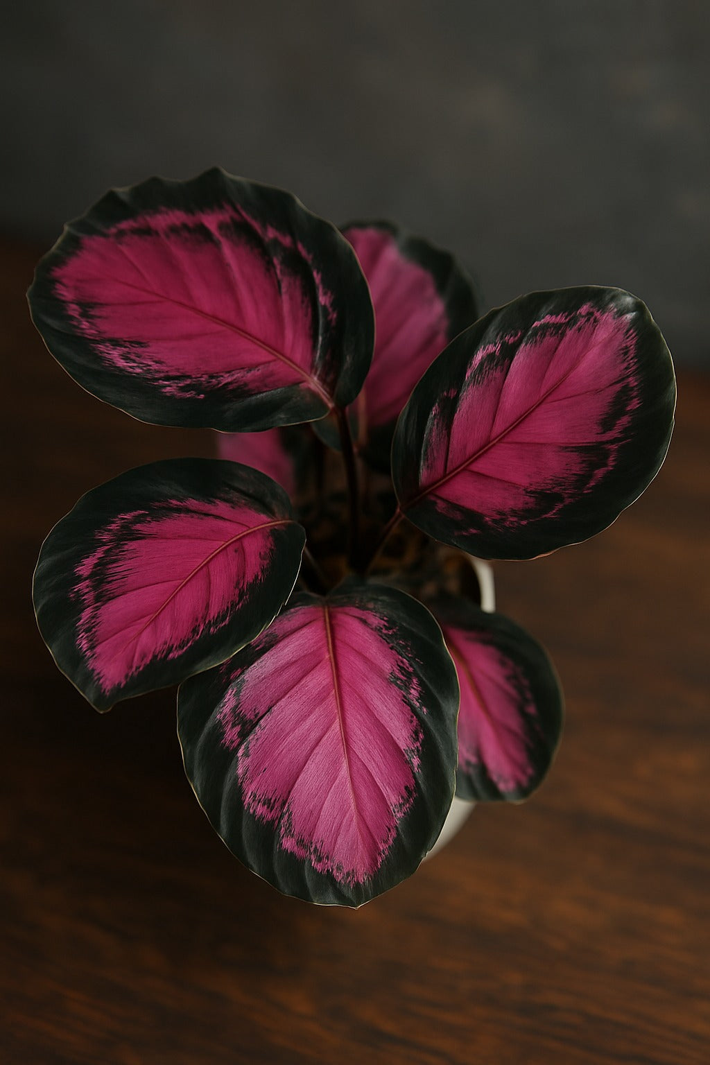 Calathea Roseopicta Dottie with striking deep purple-maroon leaves and vibrant pink edges in a white pot.