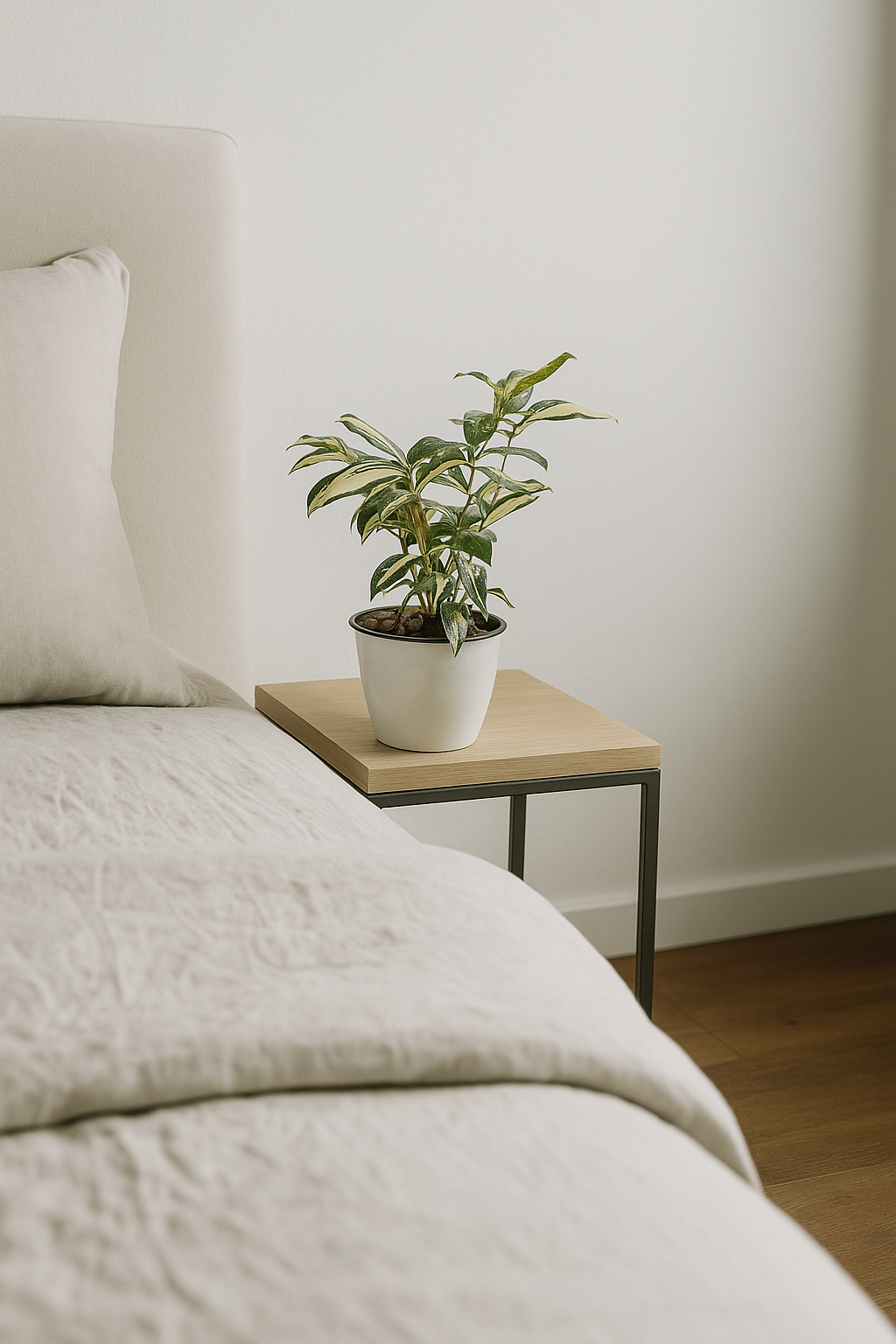 Dracaena surculosa ‘Milky Way’ with green and cream-speckled leaves in a white pot on a wooden bedside table.