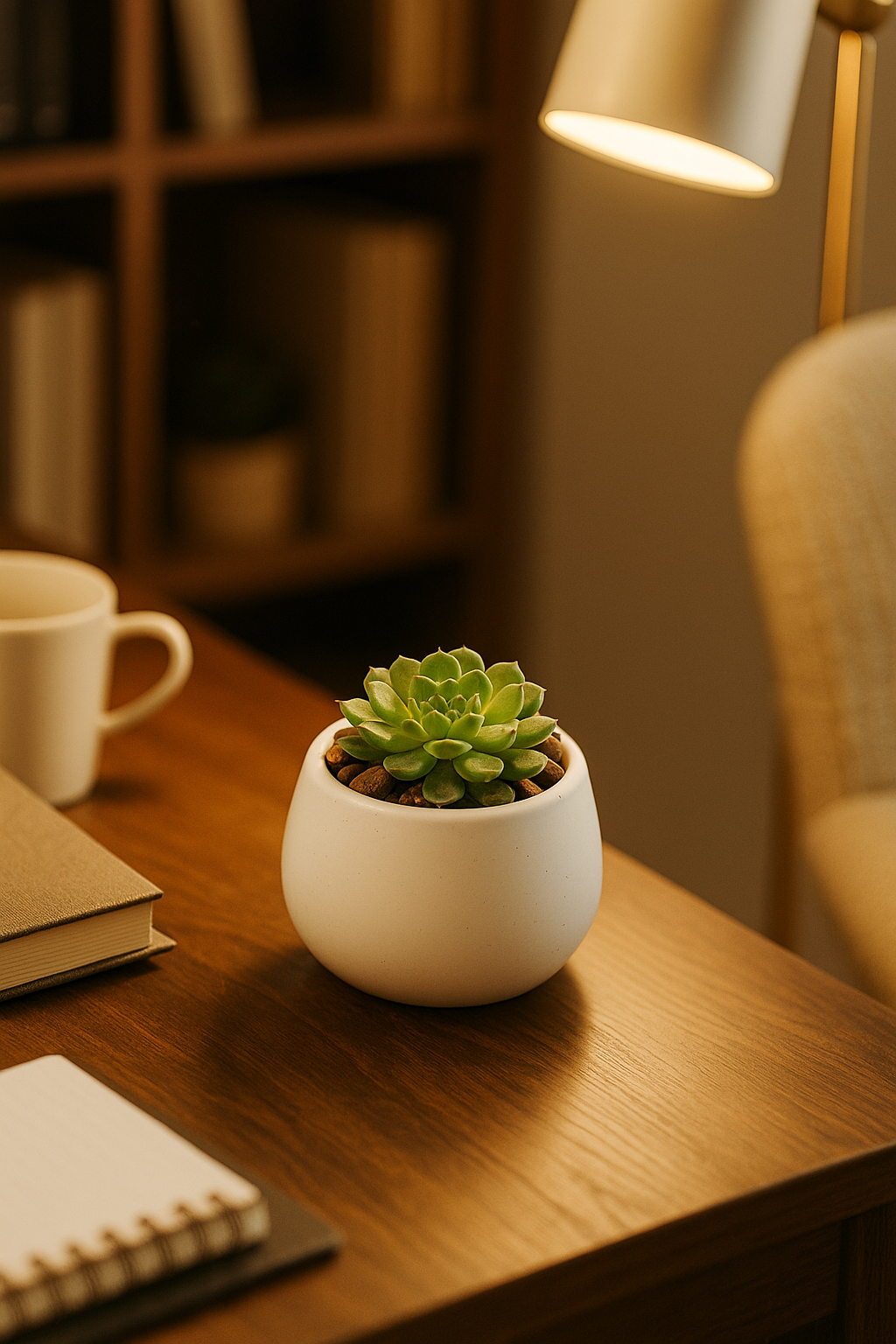 Echeveria elegans succulent in a white pot on a wooden desk with warm lighting and a cozy background.