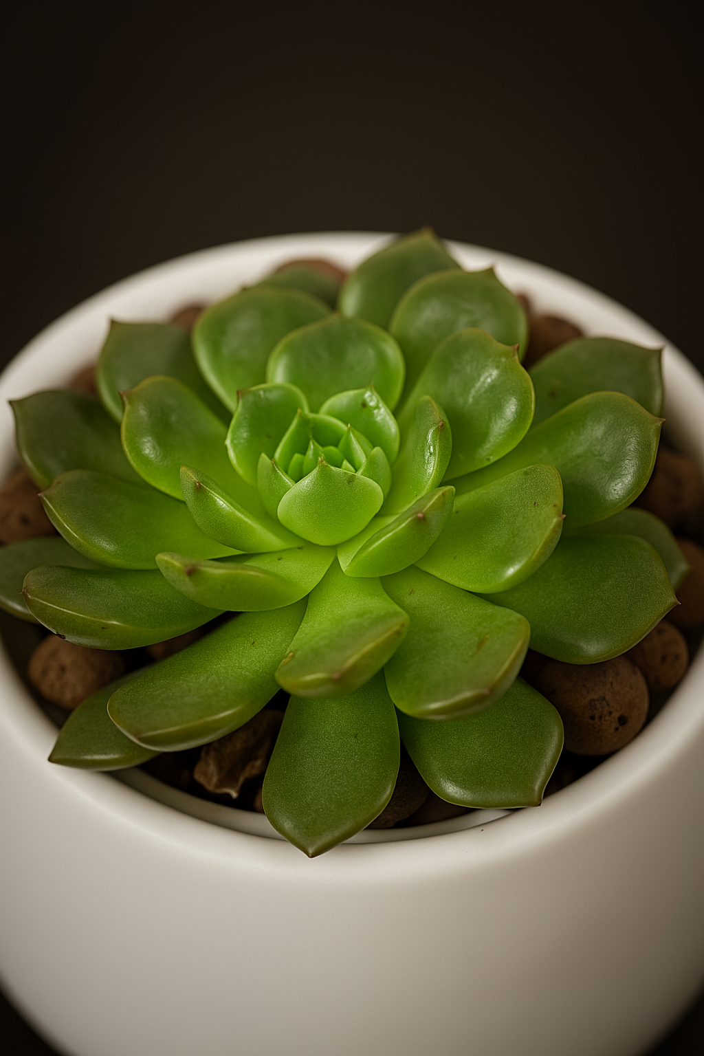 Echeveria elegans succulent with smooth green rosette leaves in a white pot against dark background.