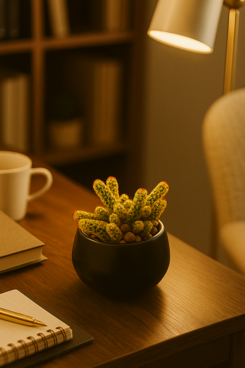 Ladyfinger Cactus with golden spines in black pot on wooden desk under warm light in cozy setting