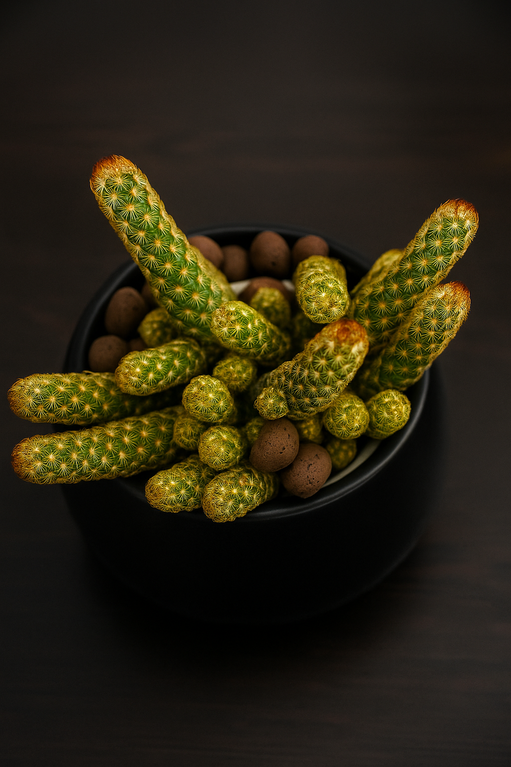 Ladyfinger Cactus in black pot with golden spines and elongated finger-like stems on dark surface