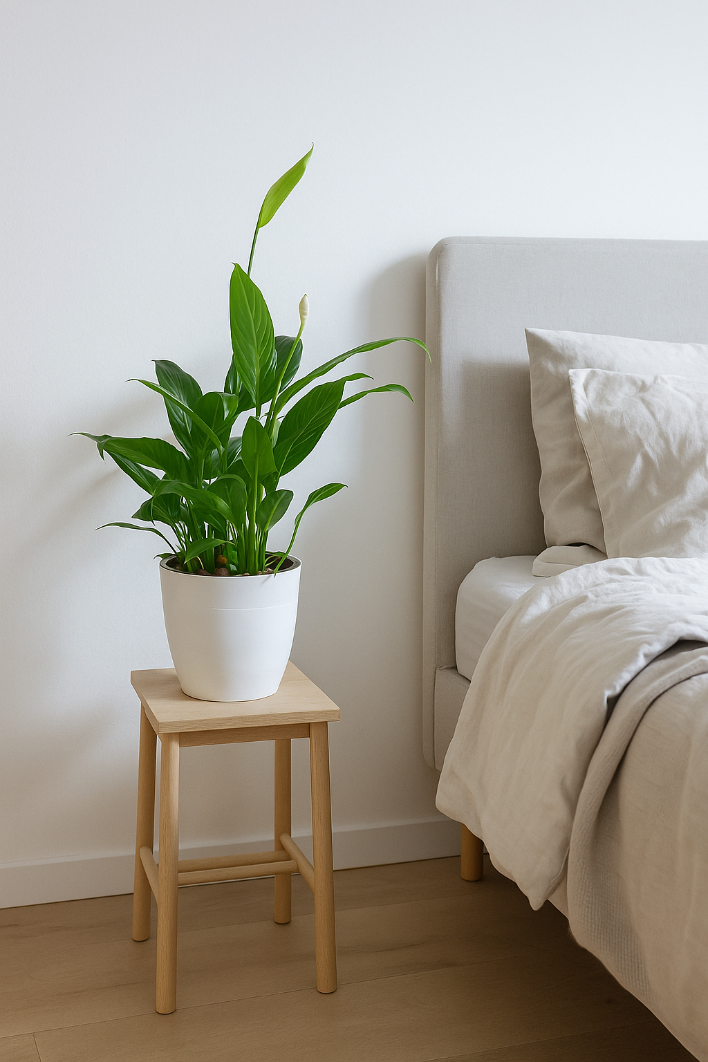 Peace Lily plant with glossy green leaves and white flowers in a white pot on a wooden stool by bed.