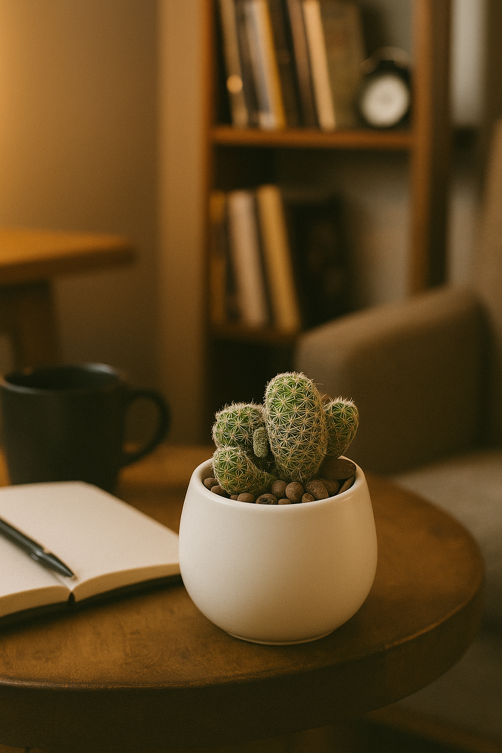 Pineapple Cactus in a white pot on a wooden table near an open notebook and black mug in a cozy room.