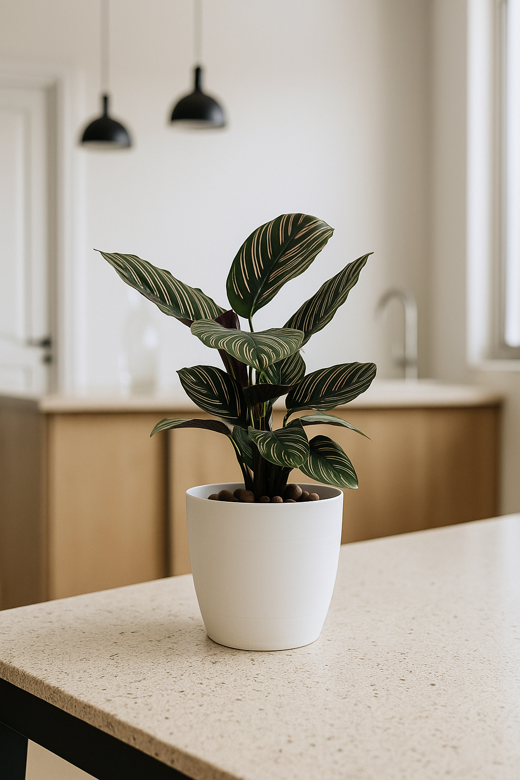 Pinstripe Calathea in white pot on kitchen counter with dark green leaves and pinkish-white pinstripes.