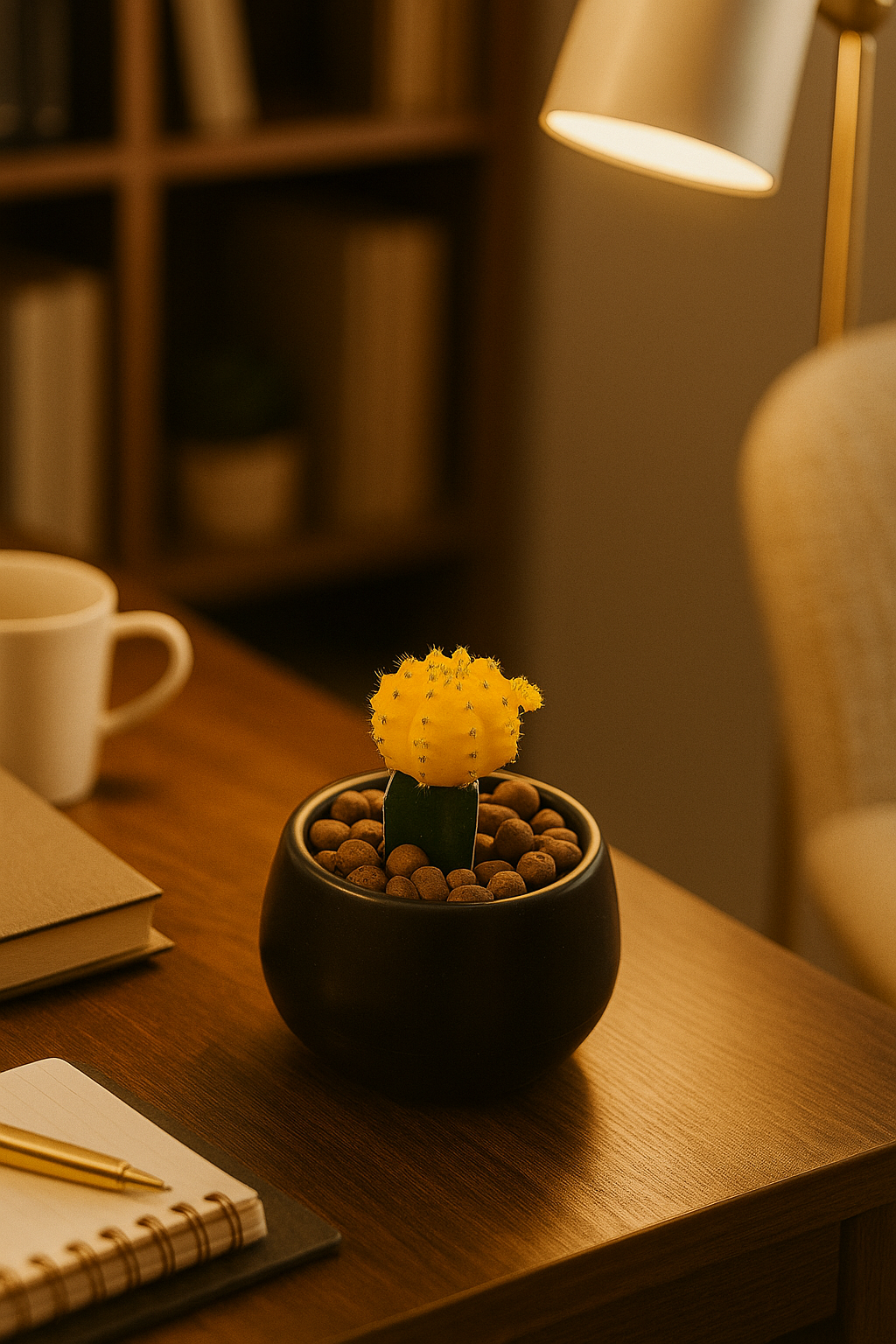 Yellow Moon Cactus with vibrant yellow top in black pot on wooden desk under warm lamp light in cozy room.