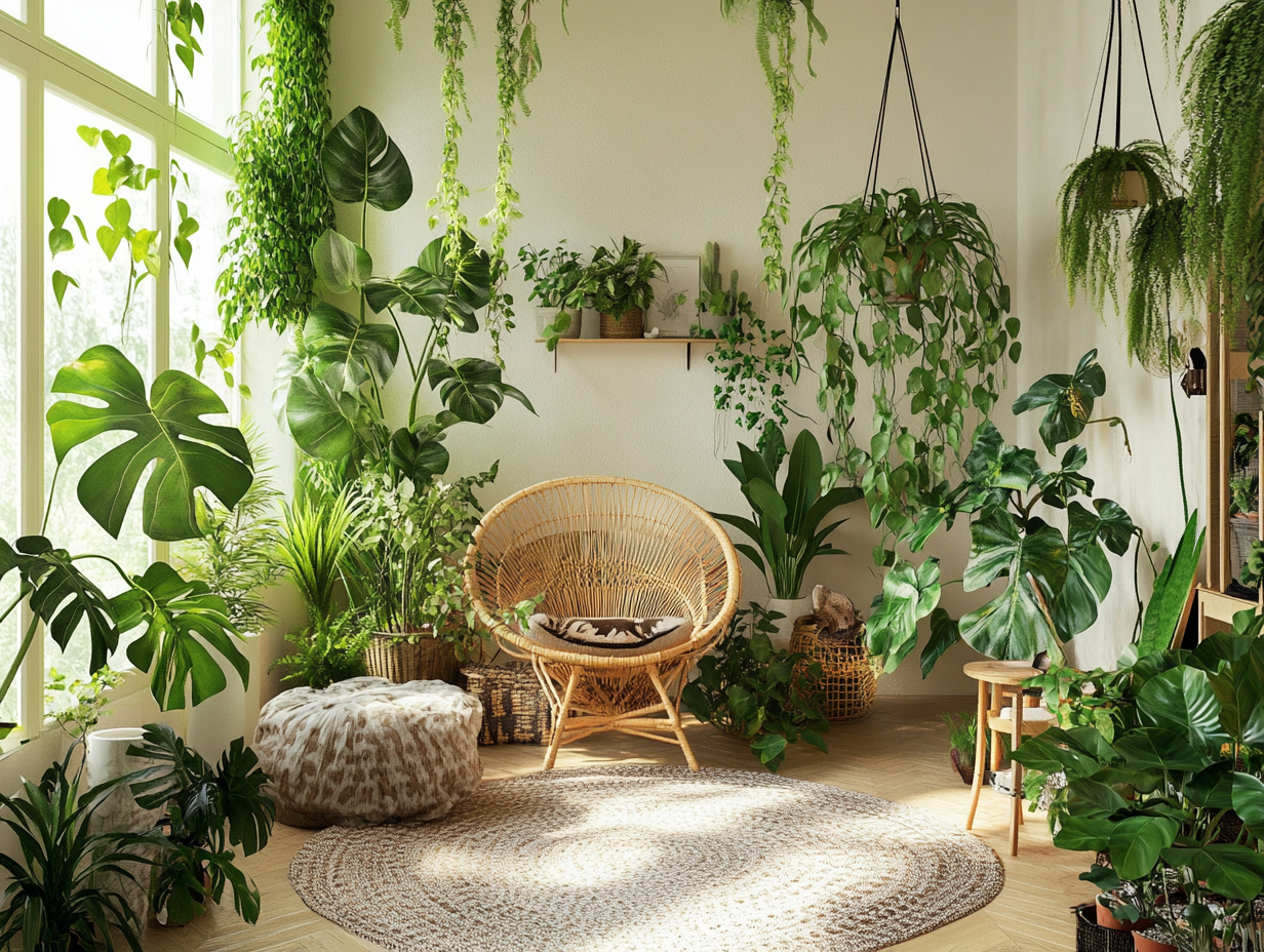 A cozy indoor space filled with lush greenery and plants. A rattan chair and soft pouf create a relaxed, nature-inspired ambiance.
