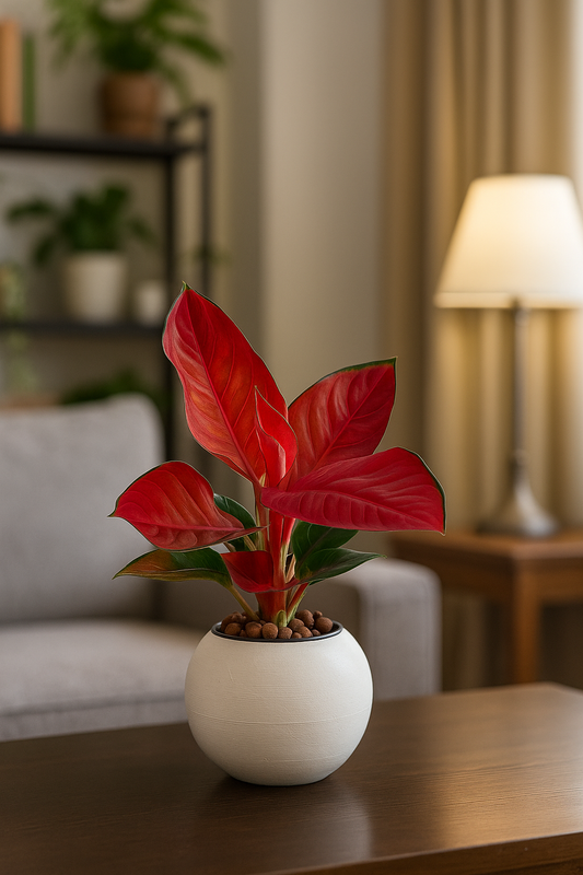 Aglaonema Red Valentine with vibrant red and green leaves in a white pot on a wooden table in a cozy living room