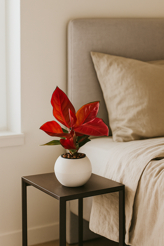 Aglaonema Red Valentine with vibrant red and green leaves in white pot on bedside table in neutral bedroom setting