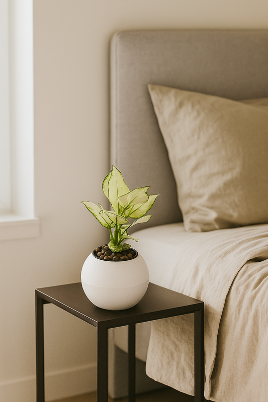 Aglaonema Snow White plant with white and green leaves in white pot on bedside table in minimal bedroom.