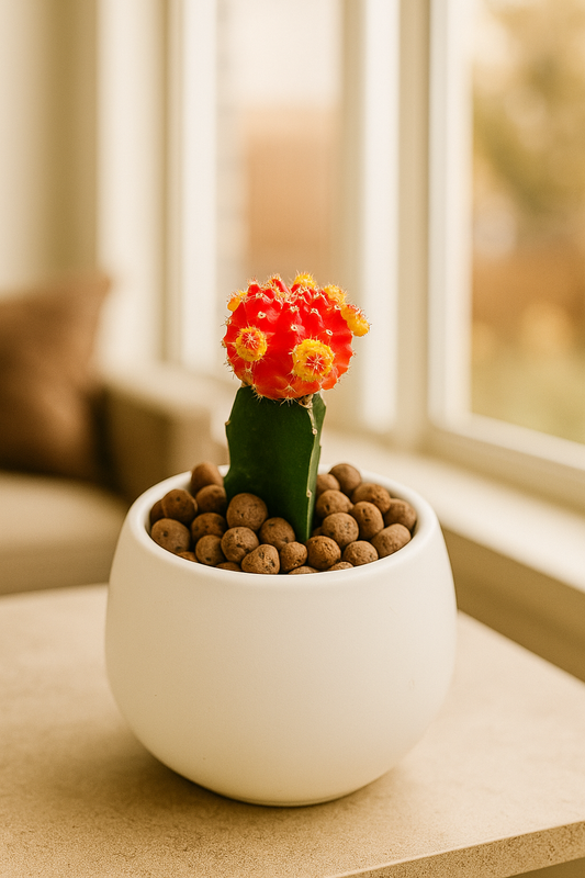 Bi-Colour Moon Cactus with a bright red top and green base planted in a white pot on a table by a window.