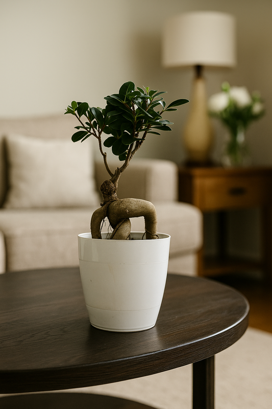 Bonsai Ficus with twisted trunk and glossy dark green leaves in a white pot on a wooden table indoors.