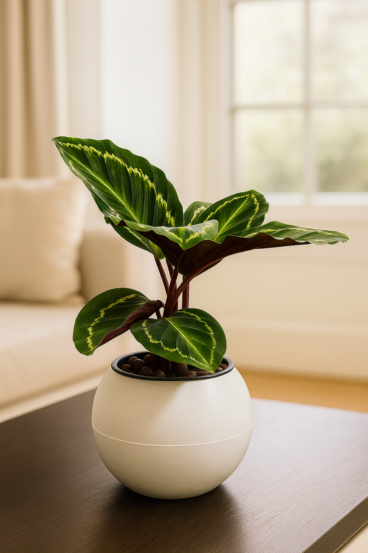 Calathea Medallion with large green leaves featuring bright yellow patterns in a white round pot on a table.