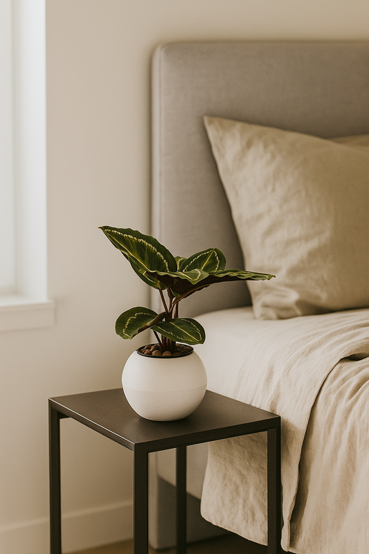 Calathea Medallion plant with green and silver patterned leaves in white pot on bedside table.