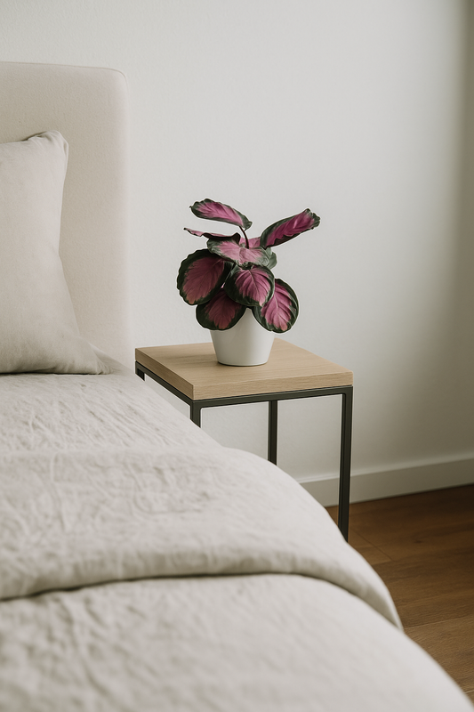 Calathea Roseopicta Dottie with vibrant pink and purple leaves in white pot on wooden bedside table.