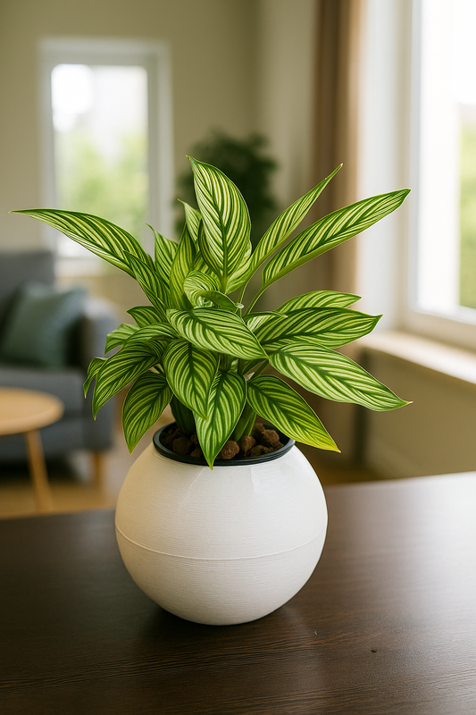 Calathea Vittata plant with vibrant green leaves and white stripes in a white round pot on a wooden table indoors.