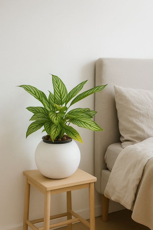 Calathea Vittata with bold green leaves and white veins in a white round pot on a wooden stool by beige bed.