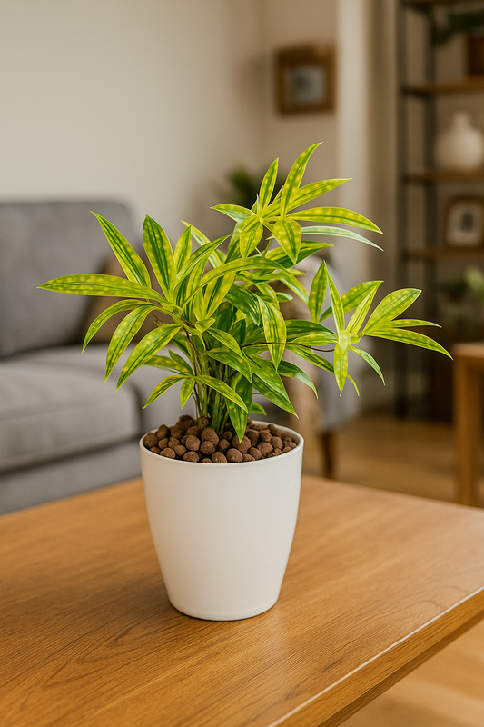 Dracaena reflexa ‘Song of India’ indoor plant with green and yellow striped leaves in white pot on wooden table