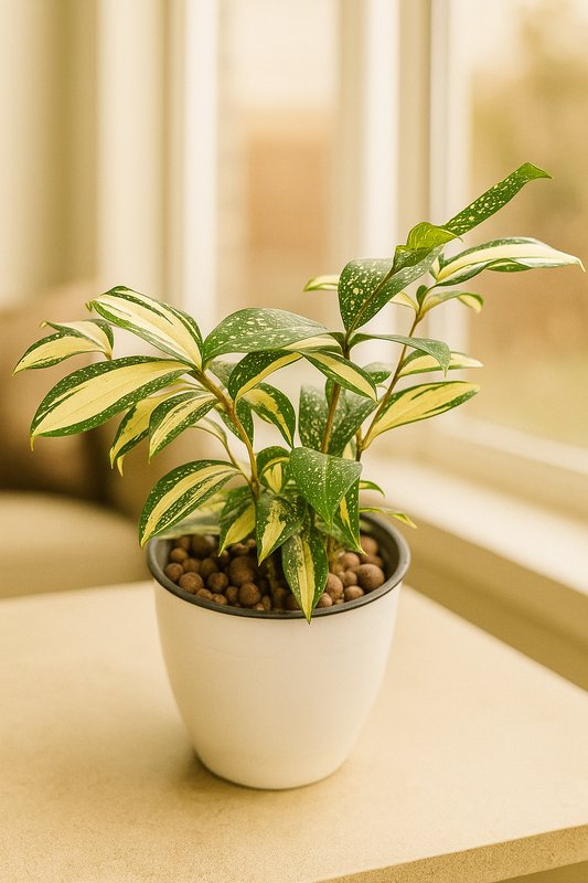 Dracaena surculosa ‘Milky Way’ with green and cream-speckled leaves in a white pot by a window.