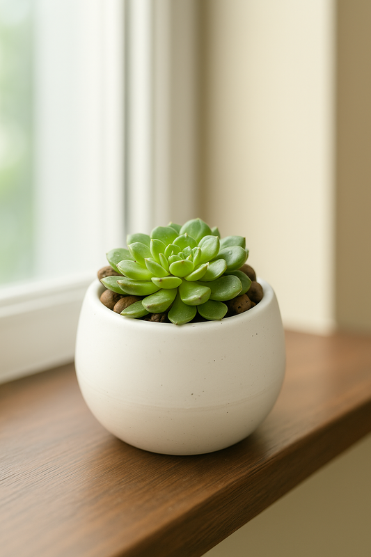 Echeveria elegans succulent with compact green leaves in white pot on wooden windowsill under soft light