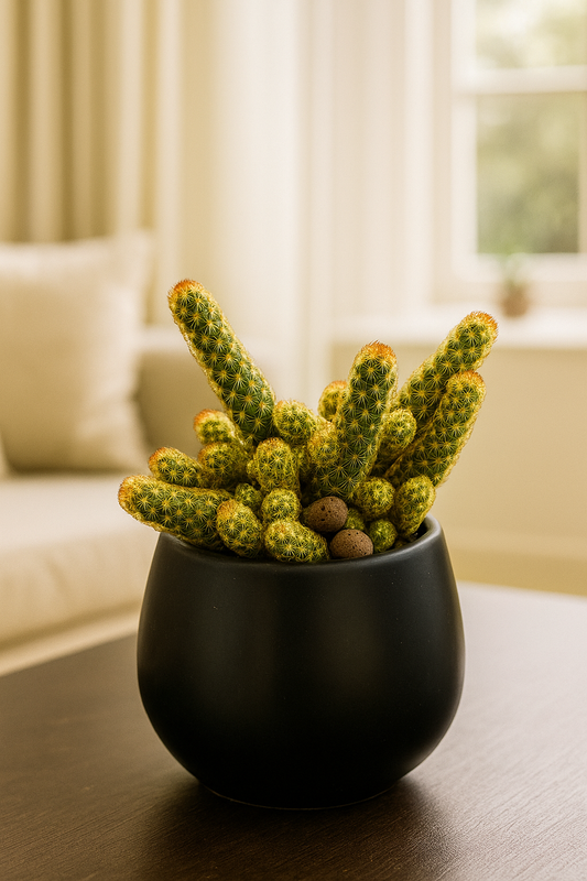 Ladyfinger Cactus in black pot showcasing golden spines and finger-like stems on wooden table indoors.