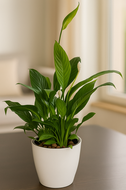 Peace Lily plant with glossy green leaves and white blooms in a white pot on a brown table indoors