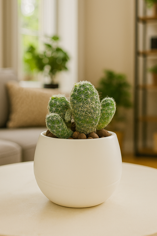 Pineapple Cactus in a white pot, small round green cactus with spines, indoor plant on beige table.