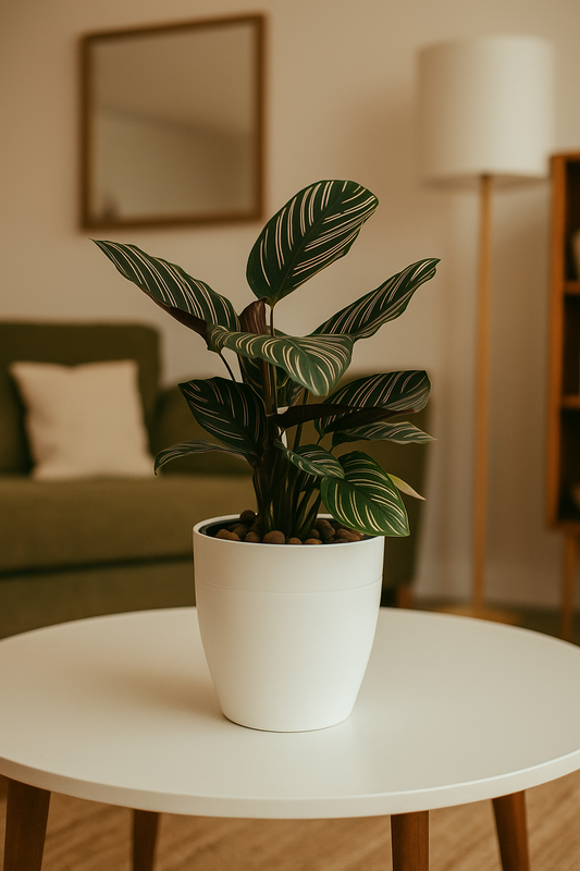 Pinstripe Calathea plant with dark green leaves and white pinstripes in a white pot on a round table indoors.