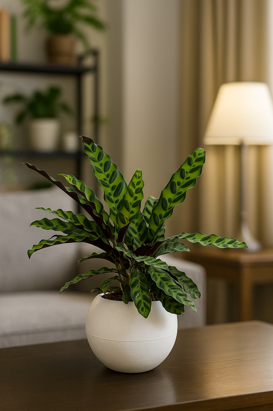 Rattlesnake Plant with wavy green leaves and reddish undersides in a white pot on a wooden table in a cozy room.
