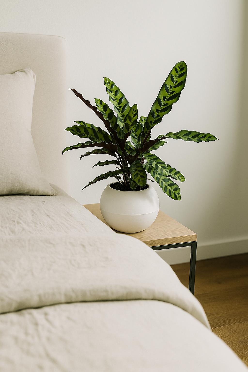 Rattlesnake Plant with wavy green leaves and reddish undersides in a white pot on bedside table.