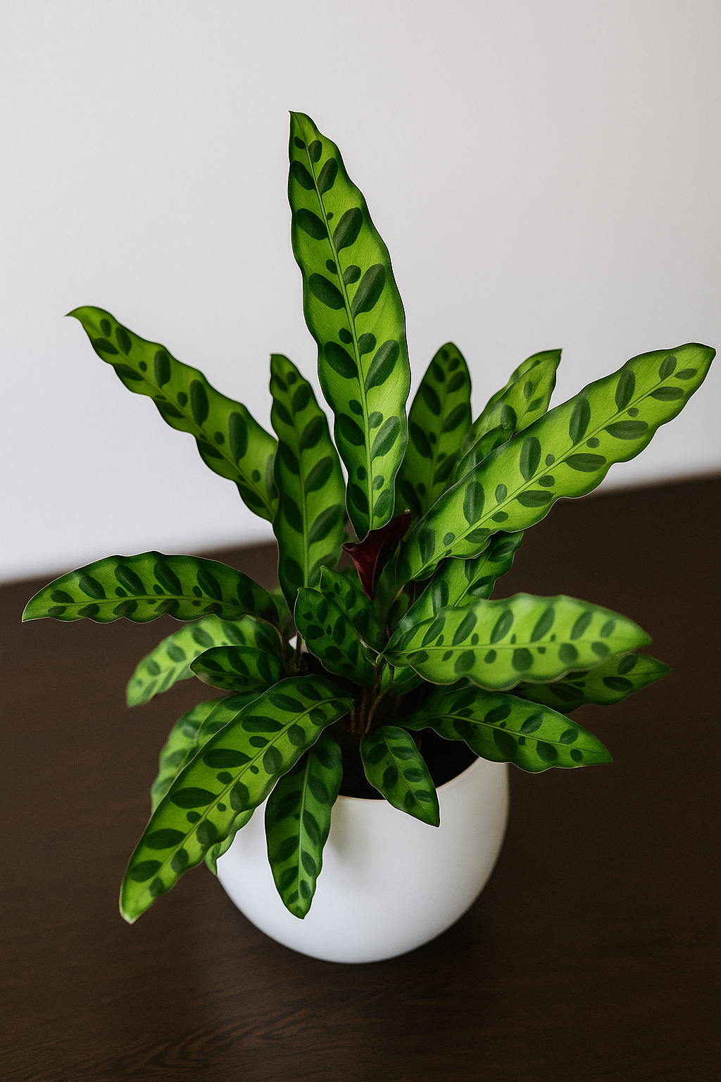 Rattlesnake Plant with long green leaves featuring dark green patterns and reddish undersides in a white pot.