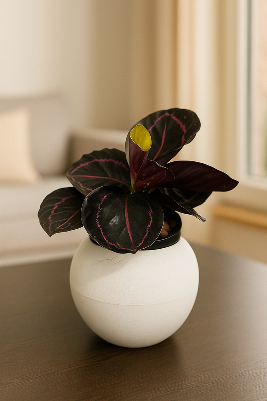 Rose-Painted Calathea with dark green leaves and pinkish-red patterns in a white pot on wooden table.