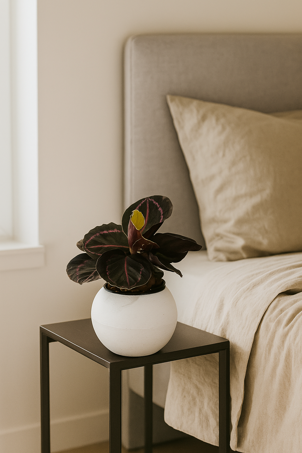 Rose-Painted Calathea with dark green leaves and pinkish-red patterns in a white pot on a bedside table.