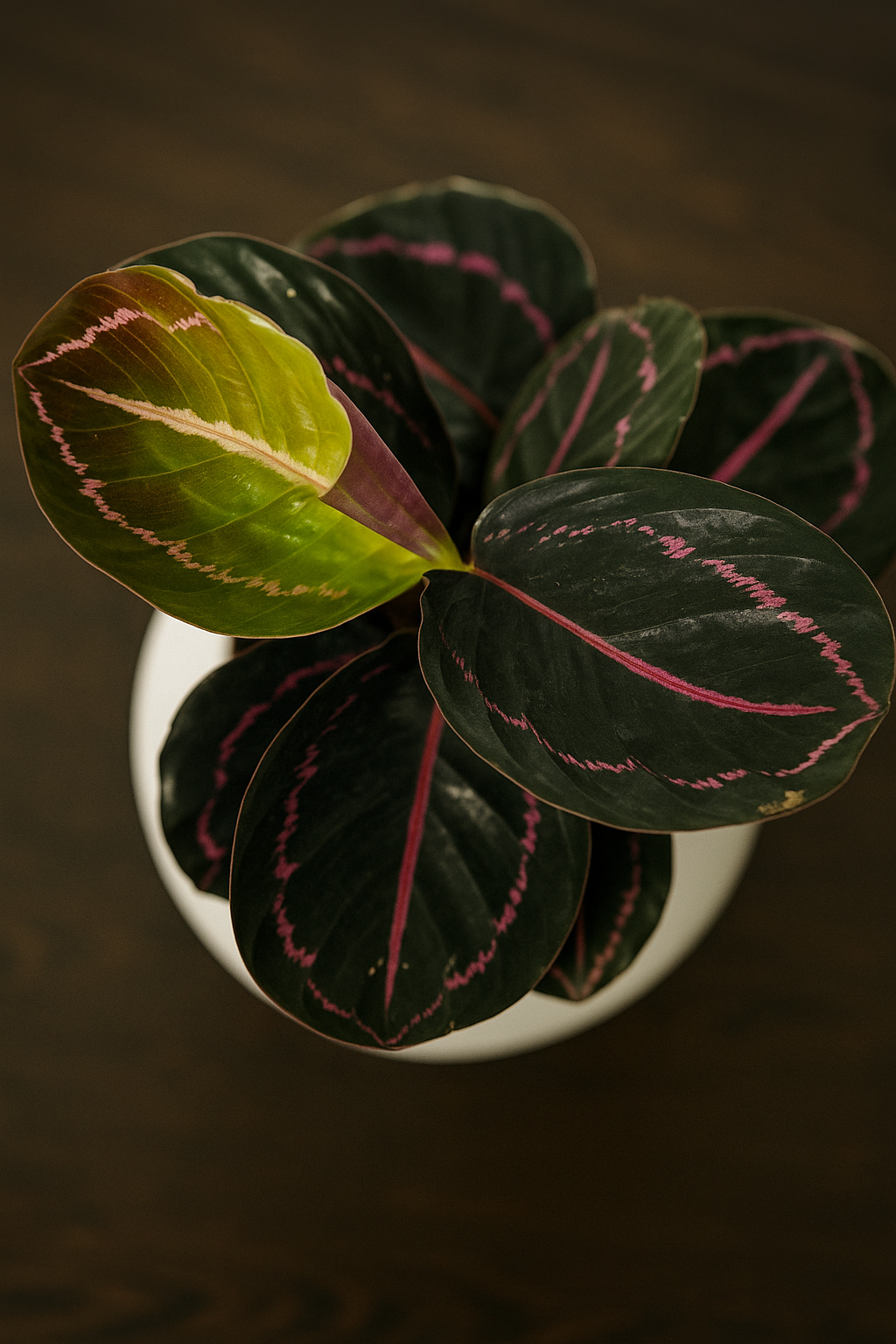 Rose-Painted Calathea with dark green leaves and striking pinkish-red patterns in a white pot.