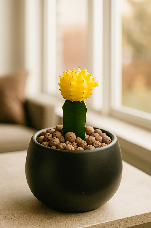 Yellow Moon Cactus with vibrant yellow top in black round pot on indoor table near window natural light